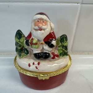 Santa Claus with Christmas Present & Tree Ceramic Hinged Ring Trinket Box Holder